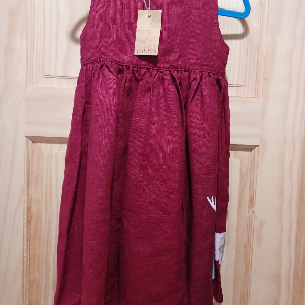 Brand New 100% Linen Burgandy Palava Rosie Burgundy Reindeer Dress